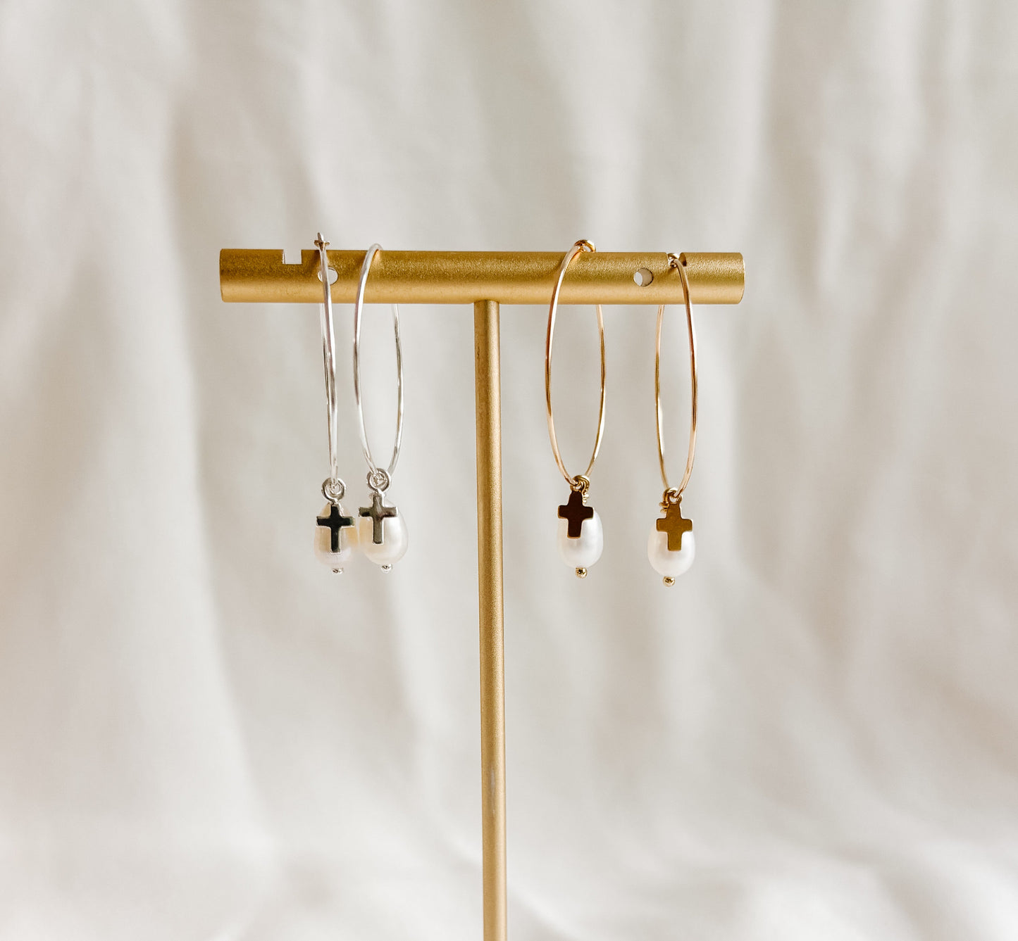 Duo Drop Hoop Earrings – 14K Gold Filled or Sterling Silver Hoops with Pearl and Tiny Cross Charm