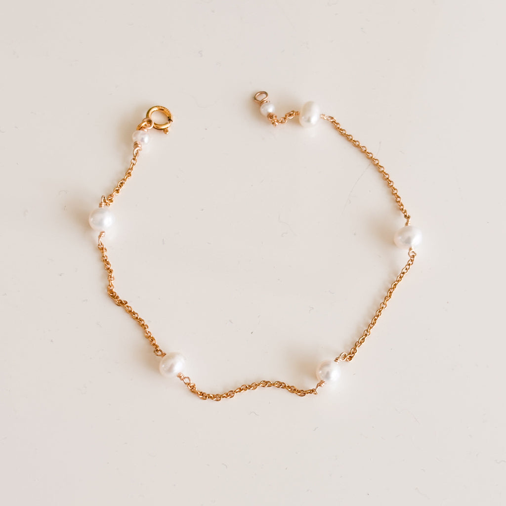 dainty 14k gold filled pearl station bracelet