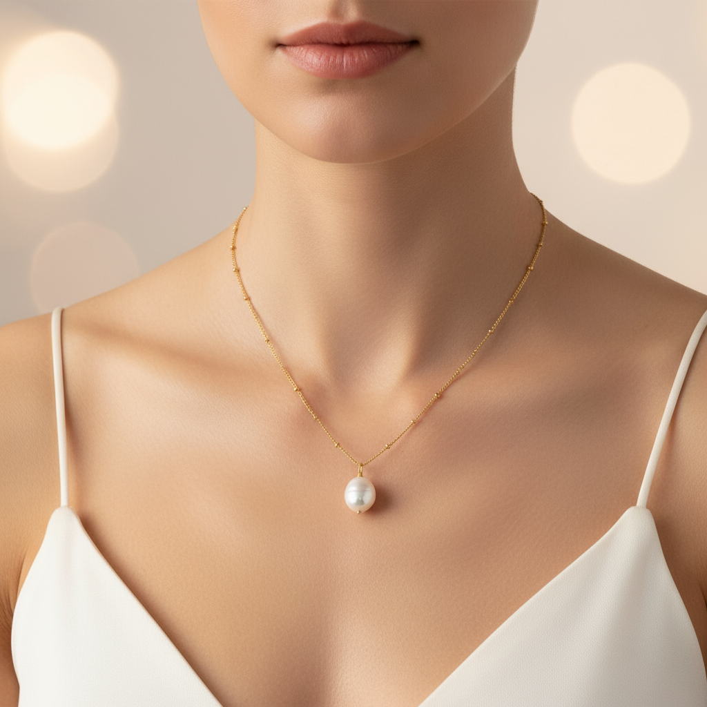 14k gold filled pearl drop necklace on satellite chain