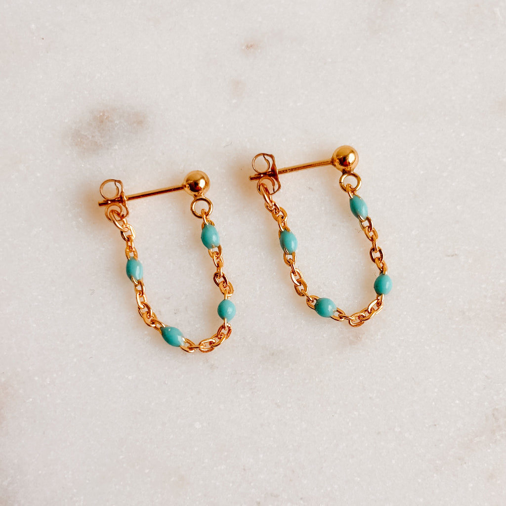 Cassia Turquoise Enamel Chain Hoop Earrings – 14K Gold Filled