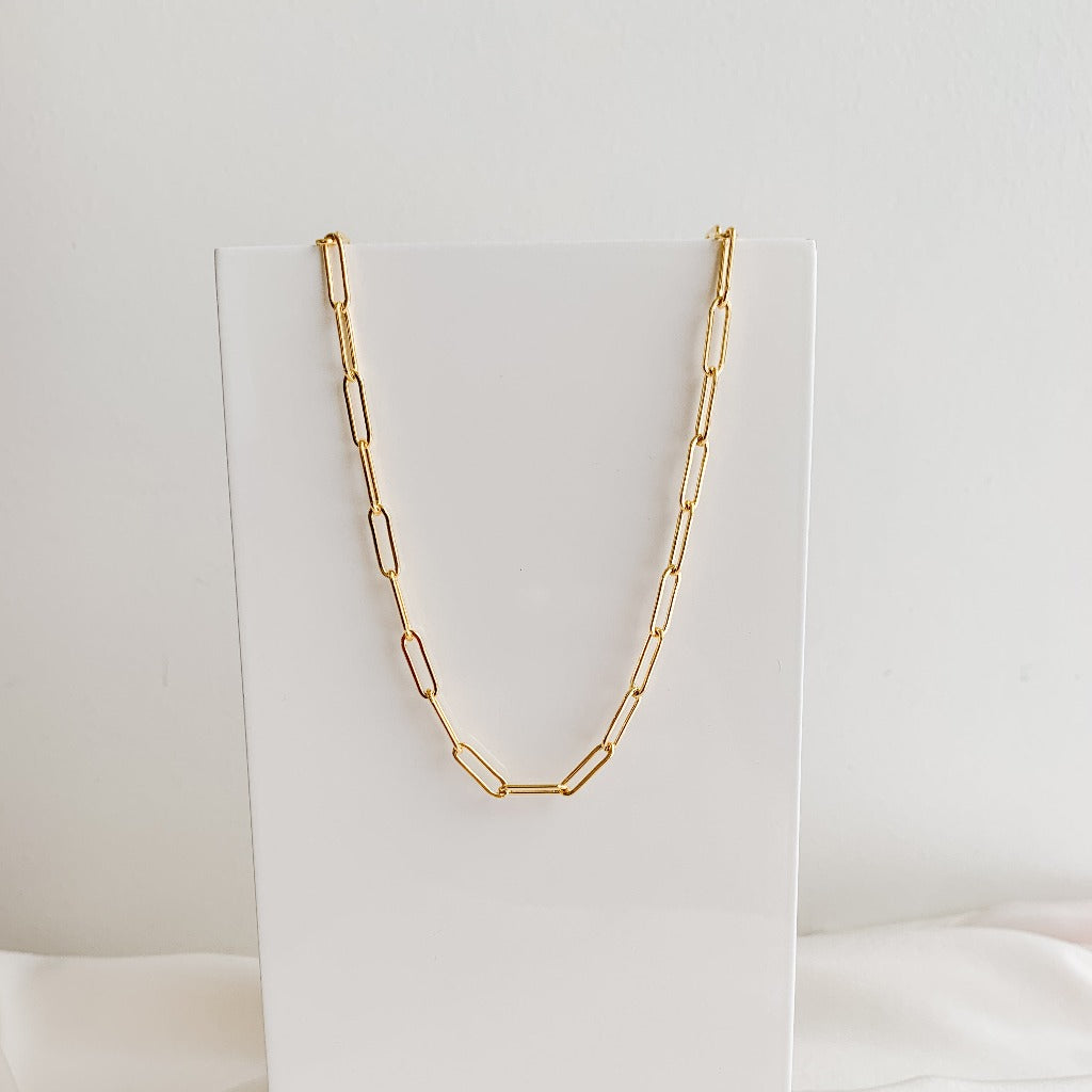 A chunky 14k gold filled paperclip chain necklace with links that are 3.8mm x 11mm.