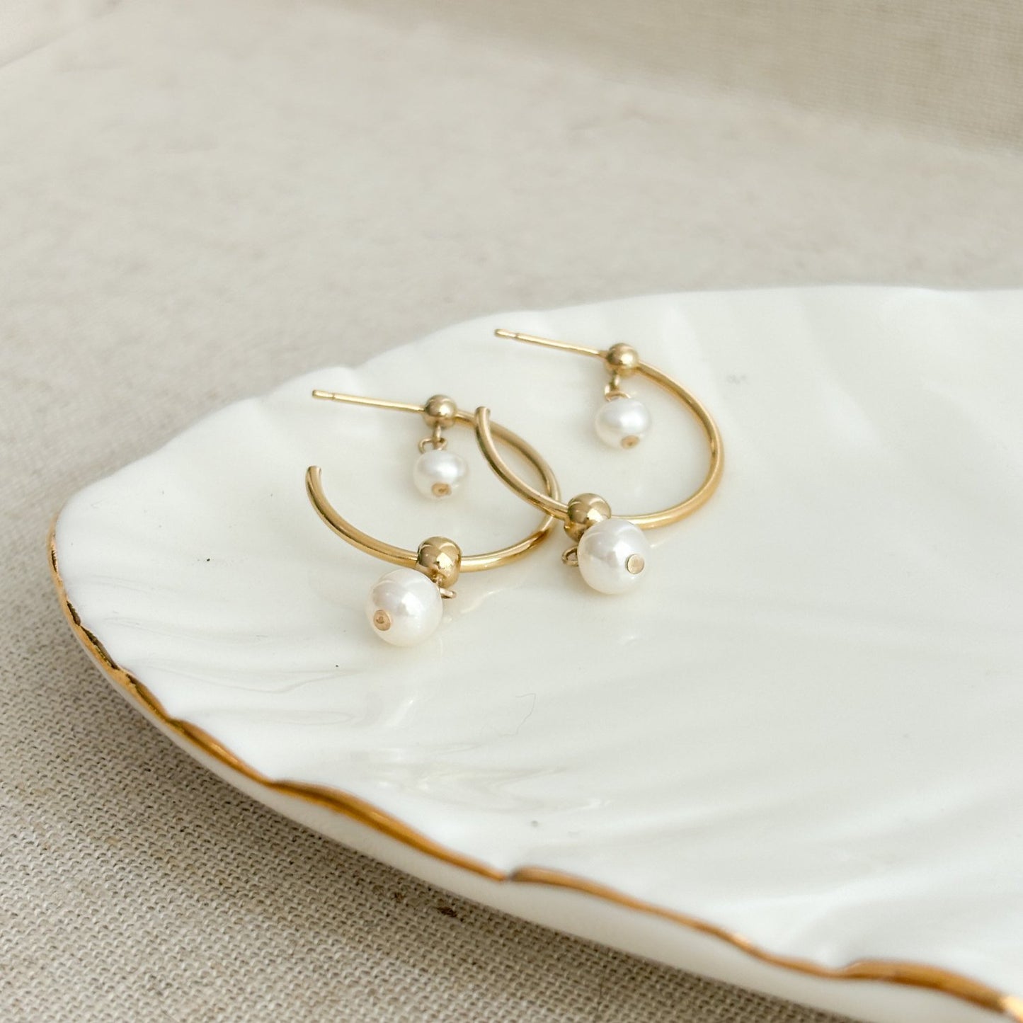 Double Pearl Drop Hoop Earrings Gold
