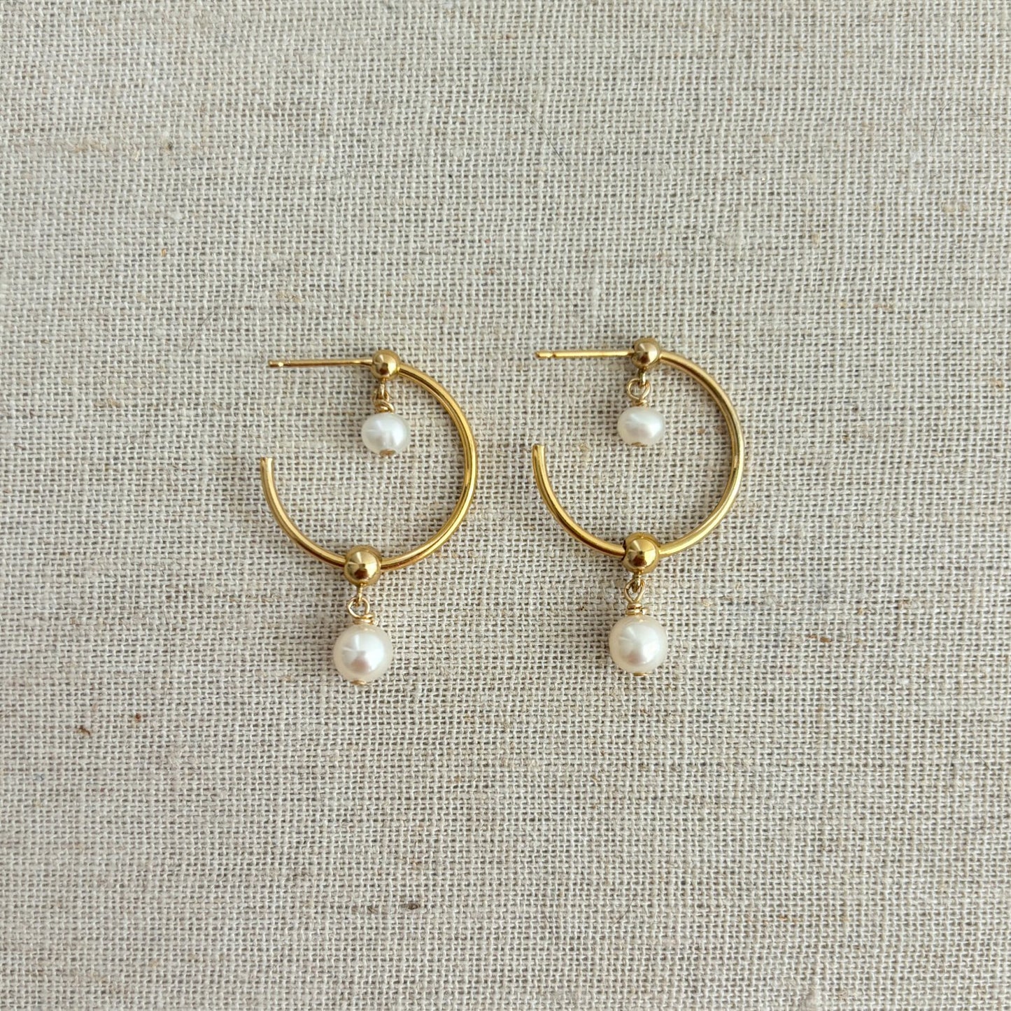 Double Pearl Drop Hoop Earrings Gold