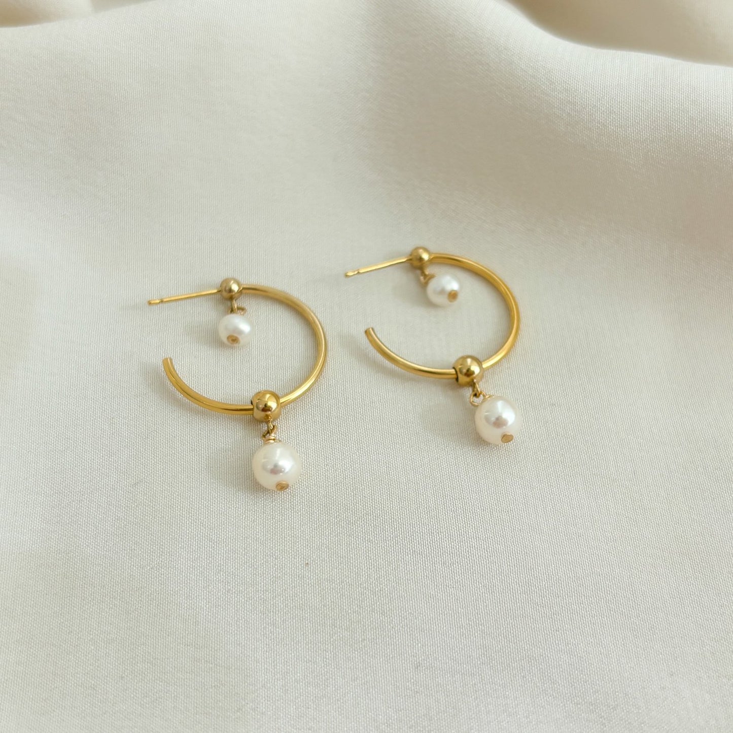 Double Pearl Drop Hoop Earrings Gold