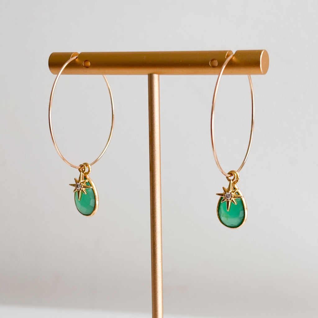 Enya Green Onyx and North Star Hoop Earrings in 14K Gold Filled