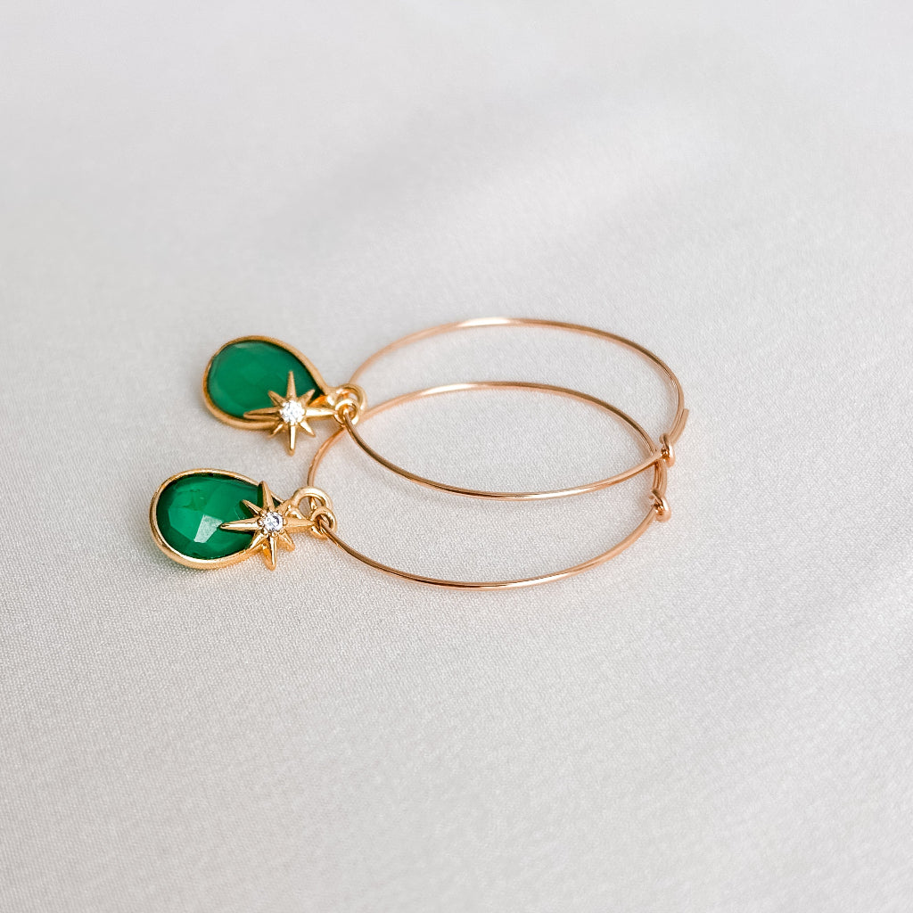 Enya Green Onyx and North Star Hoop Earrings in 14K Gold Filled