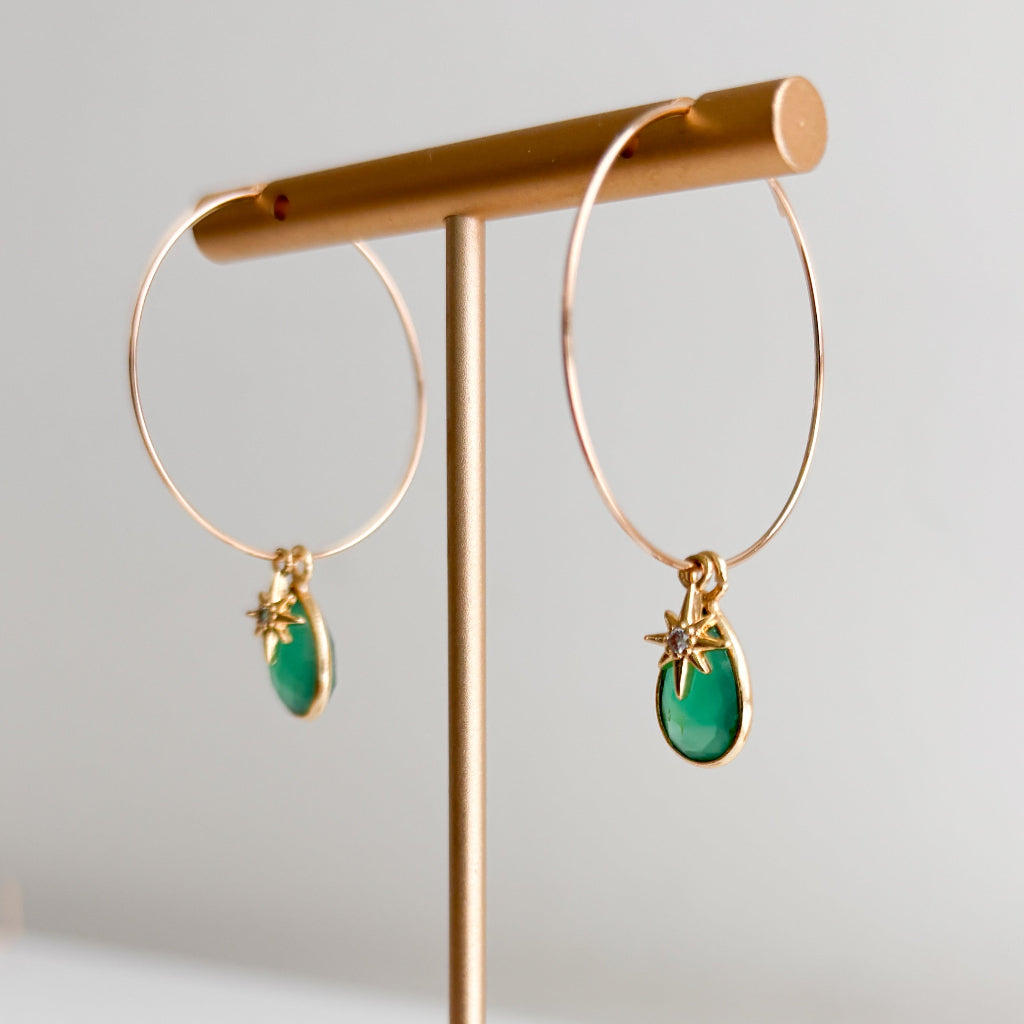 Enya Green Onyx and North Star Hoop Earrings in 14K Gold Filled