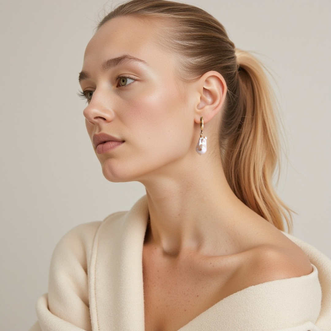 a single gold hoop earring featuring a large baroque freshwater fireball pearl shown on lobe