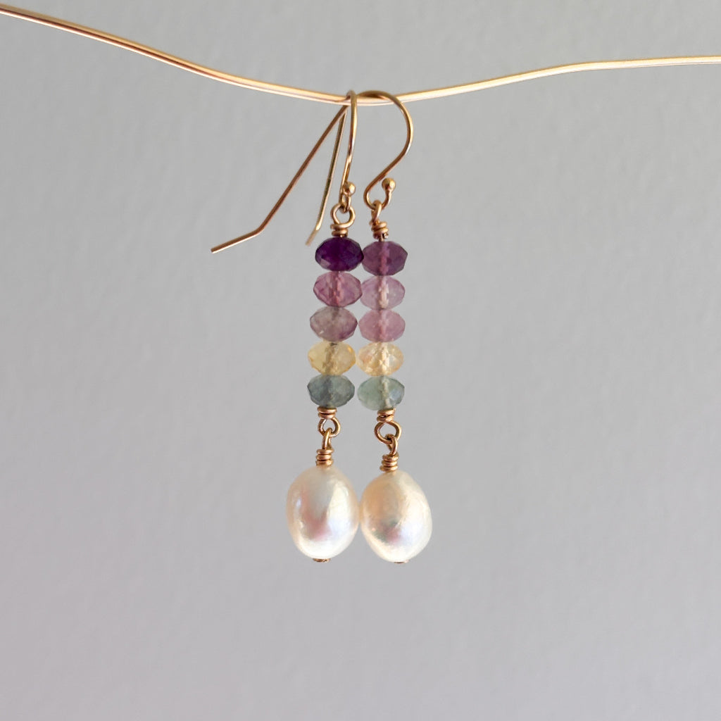 Fluorite and Pearl Drop Earrings – 14K Gold-Filled, Handmade Gemstone Dangle Earrings in Purple, Green, and Citrine