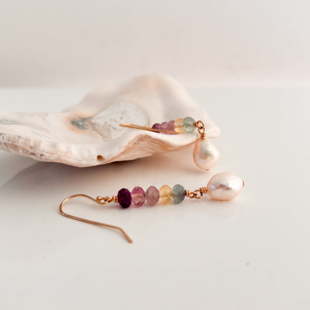 Fluorite and Pearl Drop Earrings – 14K Gold-Filled, Handmade Gemstone Dangle Earrings in Purple, Green, and Citrine