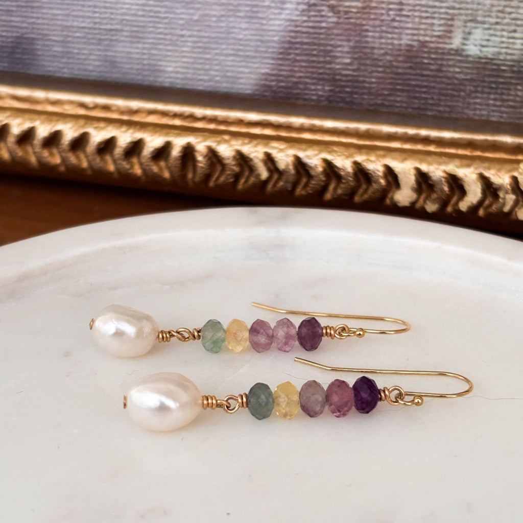 Fluorite and Pearl Drop Earrings – 14K Gold-Filled, Handmade Gemstone Dangle Earrings in Purple, Green, and Citrine