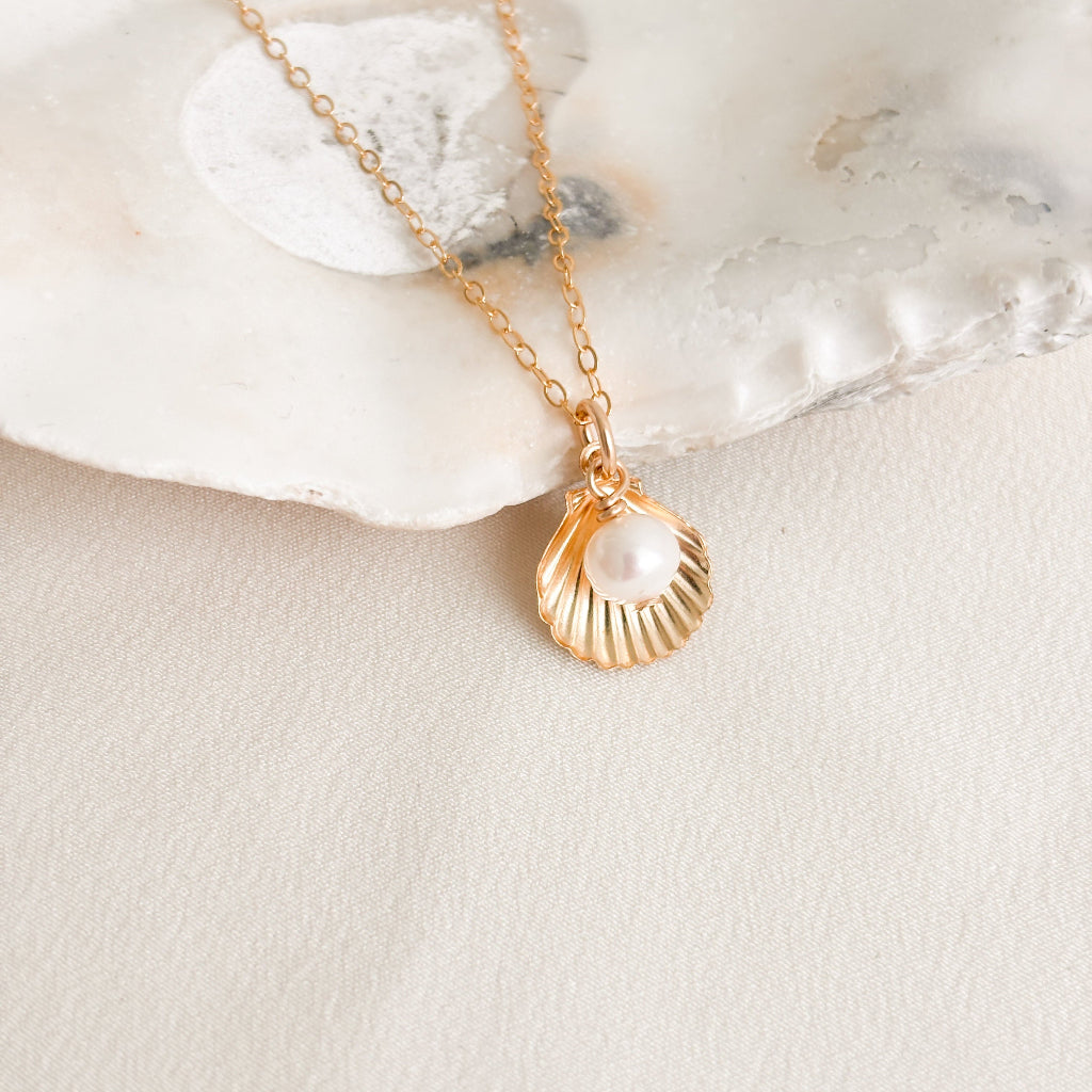 14K Gold Filled Seashell and Pearl Necklace – Satellite or Cable Chain – Coastal Jewelry by Adorned By Ruth