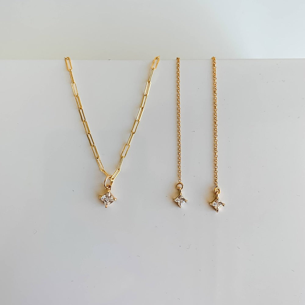 paperclip chain necklace with cz diamond pendant and cz diamond threader earrings.