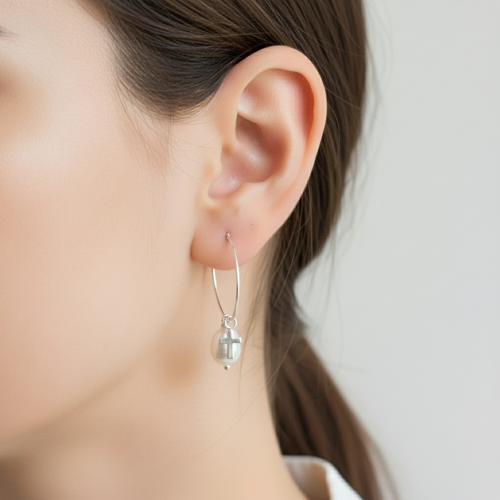 a thin sterling silver hoop earring with duo charms of pearl and tiny cross that dangle from the hoop shown on a woman's earlobe