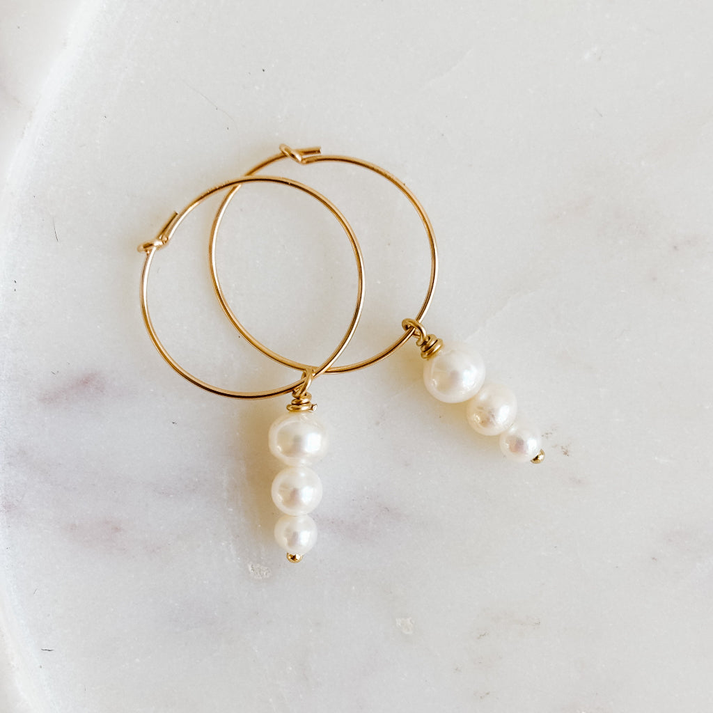 Triple Pearl Hoop Earrings - 14K Gold Filled or Sterling Silver | Handmade in Canada