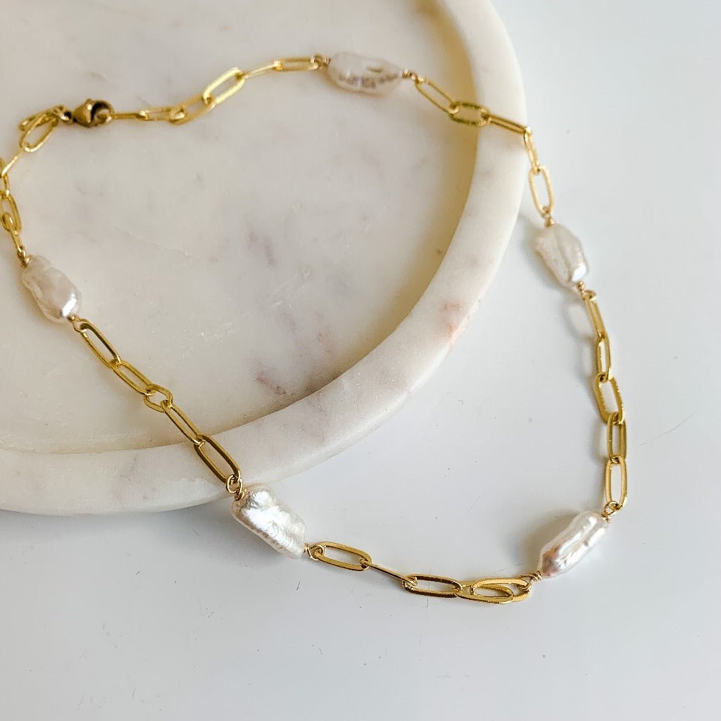 Biwa Pearl Paperclip Link Necklace - Bythe - Adorned by Ruth