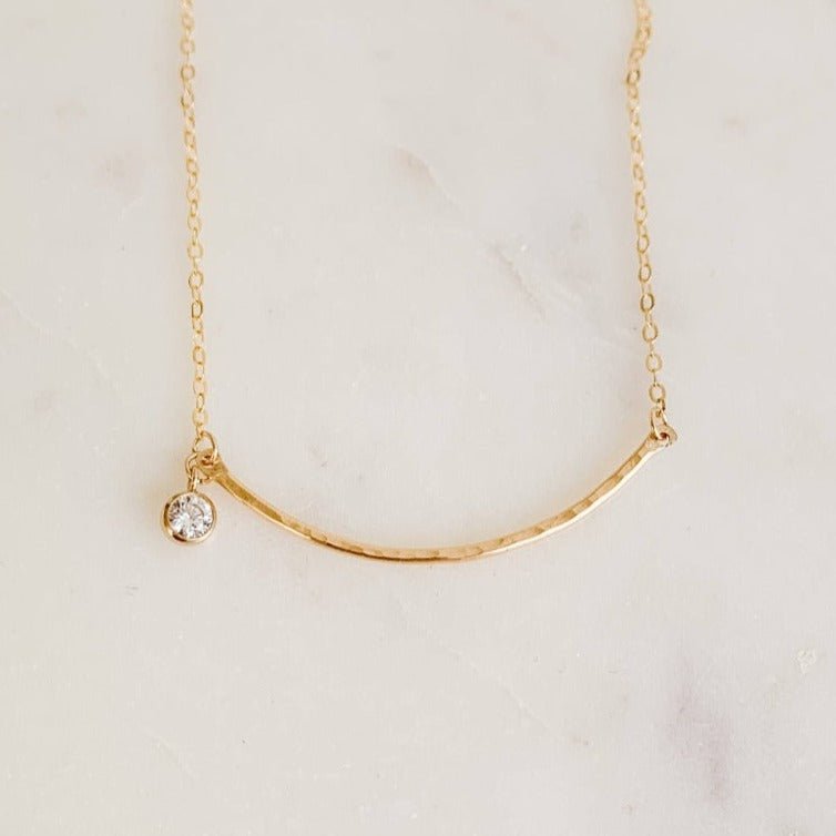 Curved Pendant Necklace with Cubic Zirconia Drop - Adorned by Ruth
