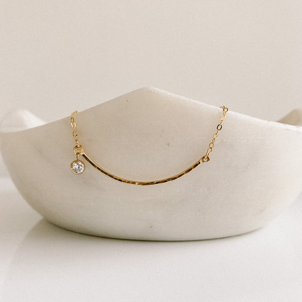 Curved Pendant Necklace with Cubic Zirconia Drop - Adorned by Ruth