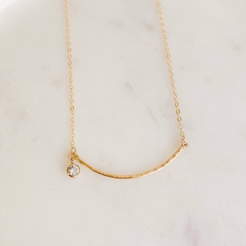 Curved Pendant Necklace with Cubic Zirconia Drop - Adorned by Ruth