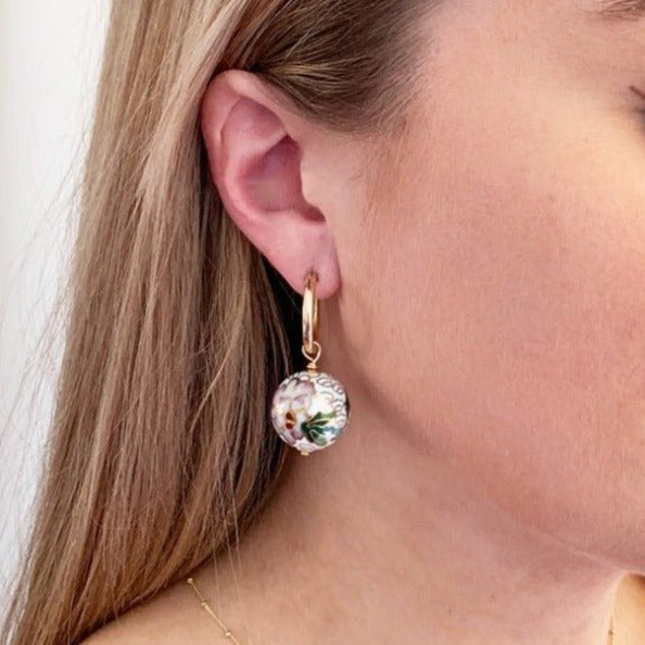 Floral Cloisonné Drop Hoop Earrings - Adorned by Ruth