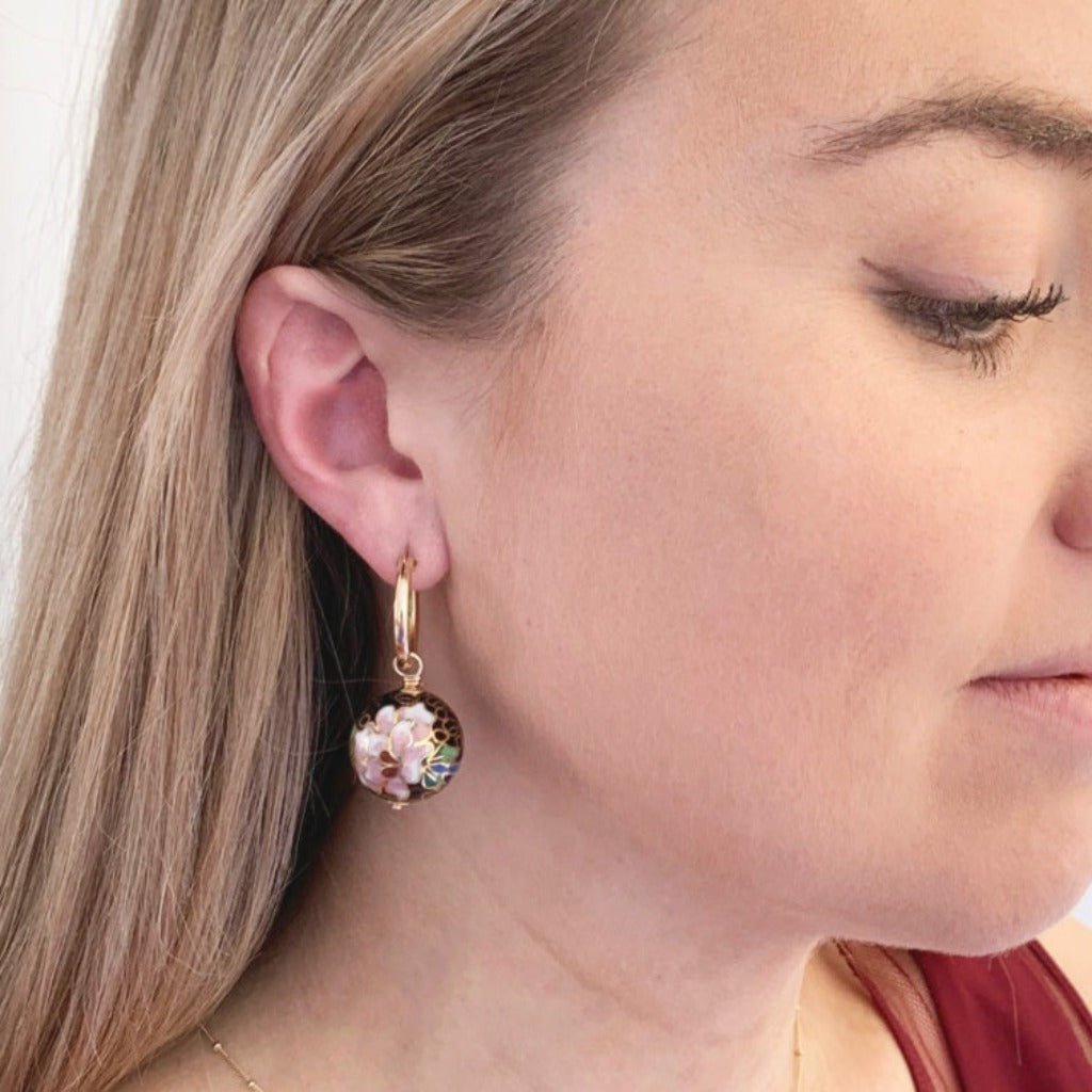 Floral Cloisonné Drop Hoop Earrings - Adorned by Ruth