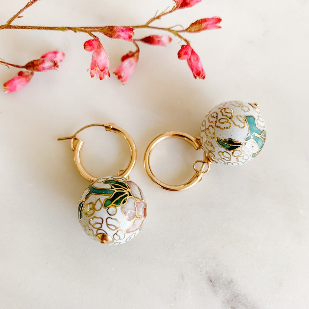 Floral Cloisonné Drop Hoop Earrings - Adorned by Ruth