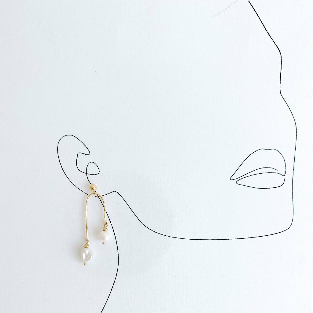 Gold Arch Two Pearl Drop Earrings - Adorned by Ruth