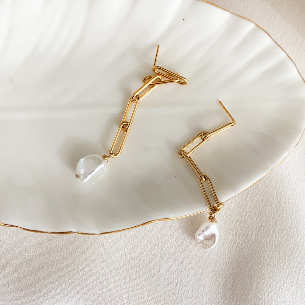Gold Baroque Pearl Chain Earrings - Adorned by Ruth