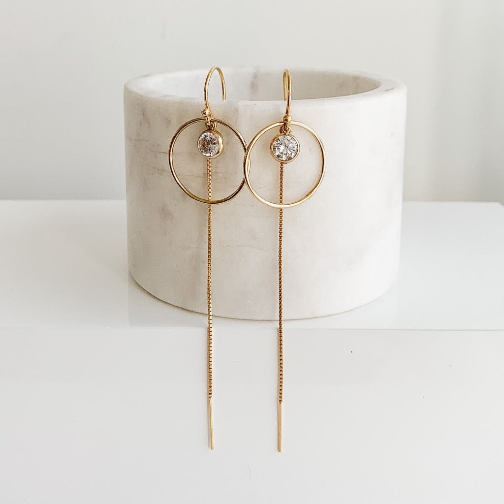 Gold Circle Earrings with Dangling Cubic Zirconia and Chain - Adorned by Ruth