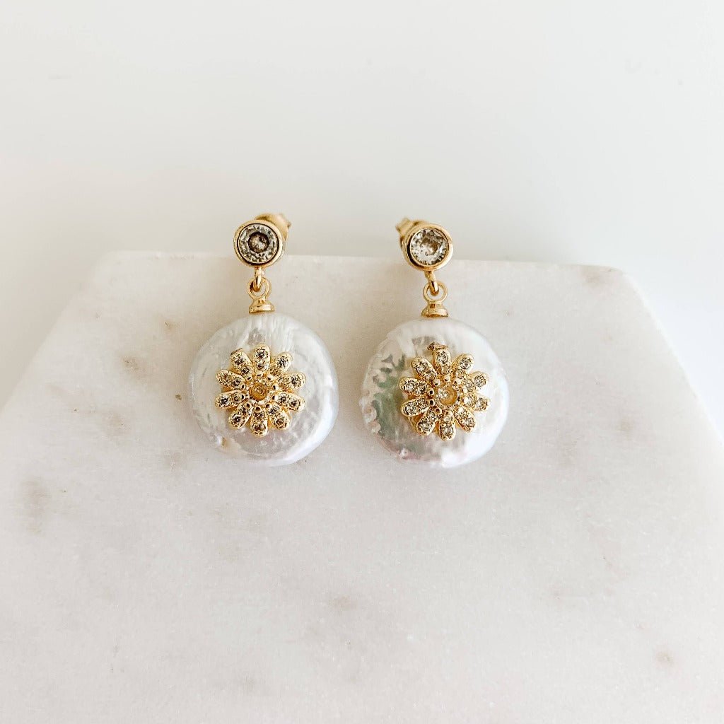 Gold Pearl and Crystal Embellished Drop Earrings - Adorned by Ruth