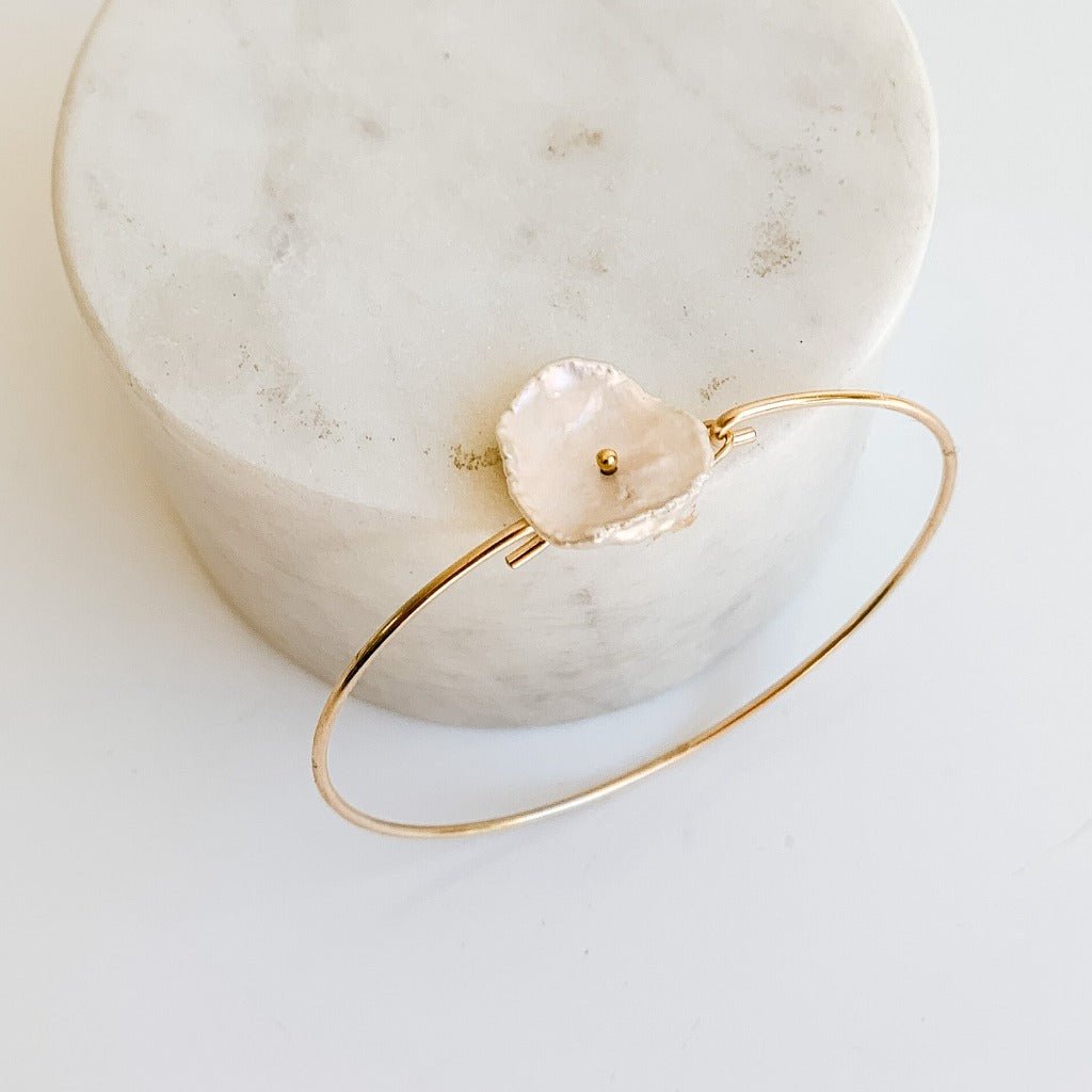 Gold Petal Pearl Bangle Bracelet - Adorned by Ruth