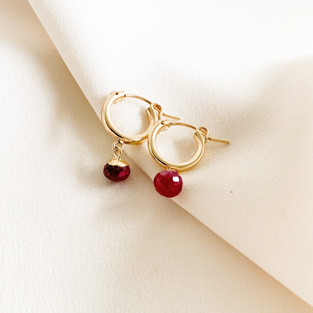 Gold Ruby Drop Hoop Earrings - Pythia - Adorned by Ruth