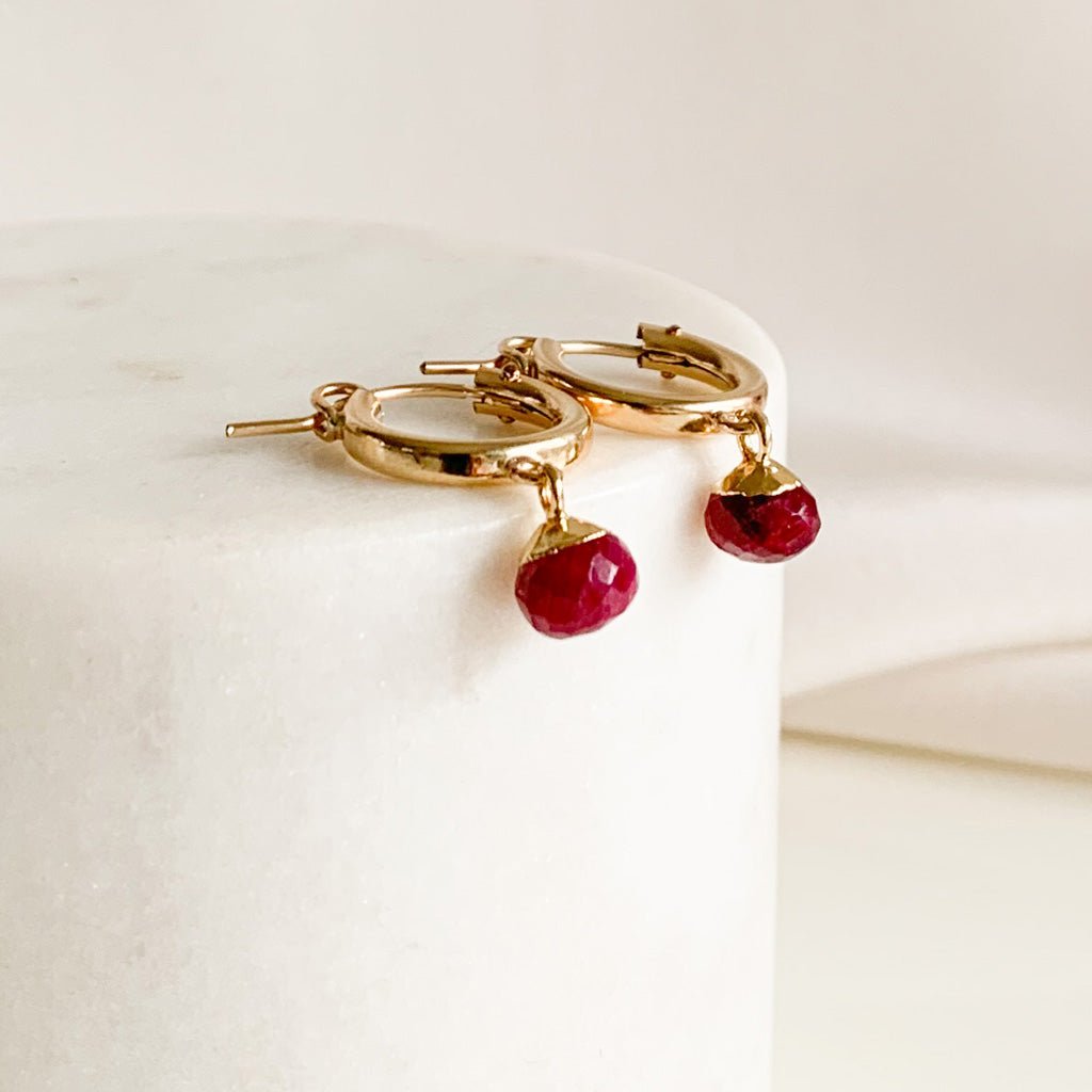 Gold Ruby Drop Hoop Earrings - Pythia - Adorned by Ruth