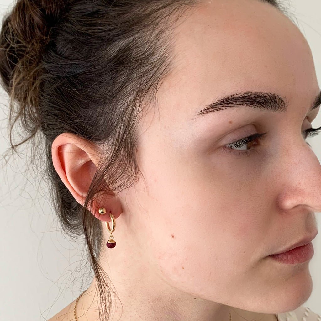 Gold Ruby Drop Hoop Earrings - Pythia - Adorned by Ruth