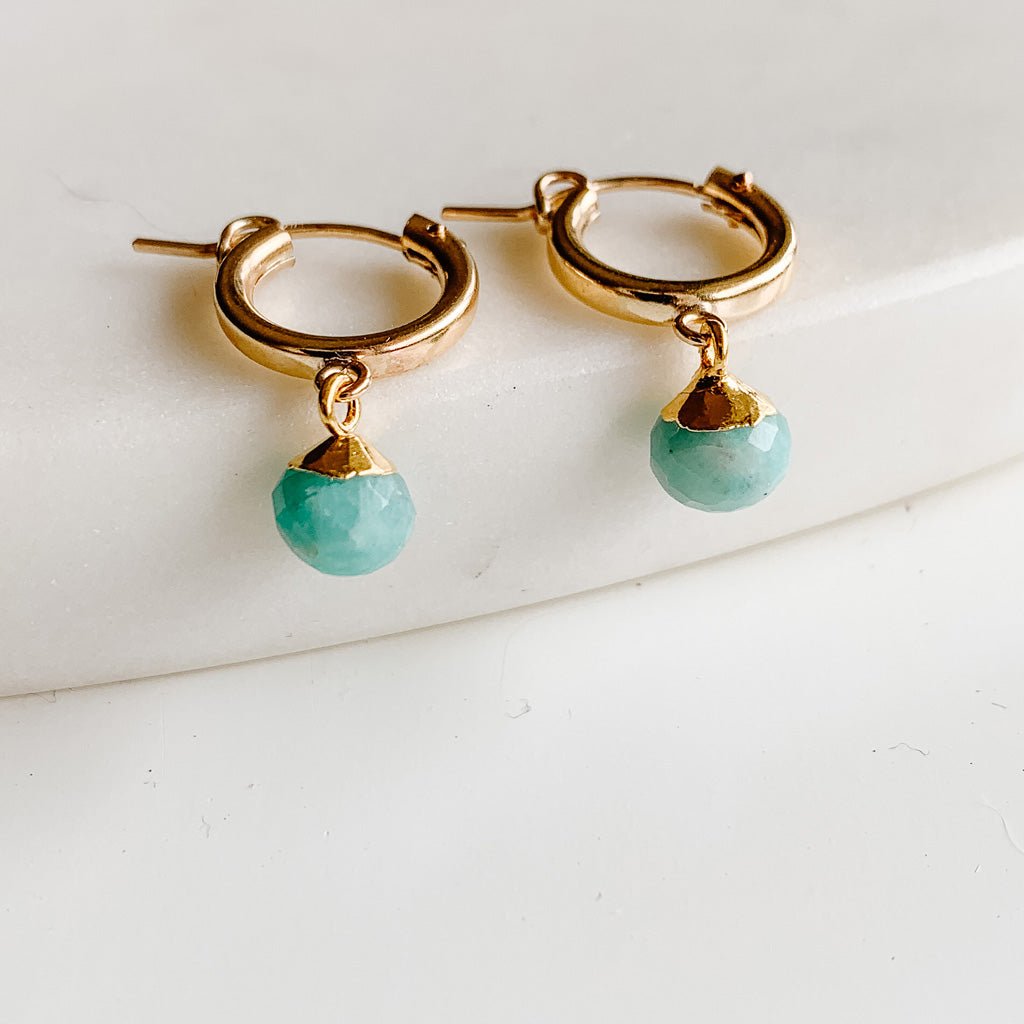 Gold Ruby Drop Hoop Earrings - Pythia - Adorned by Ruth