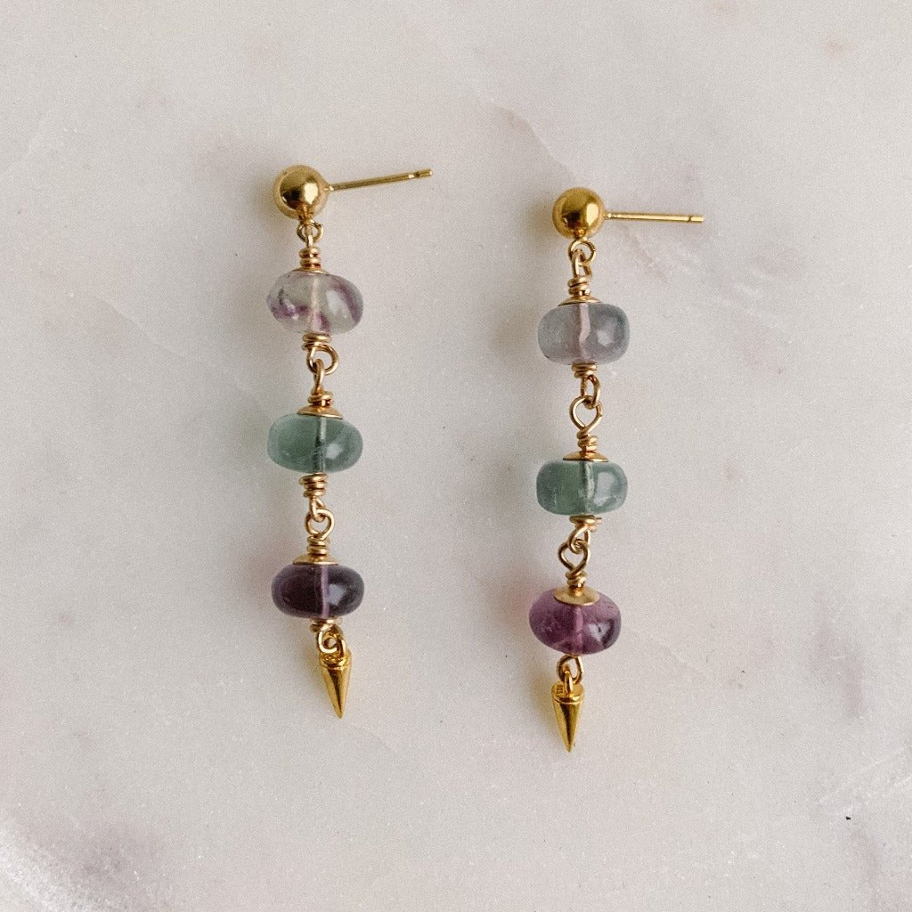 Gold Triple Stone Drop Earrings in Ombre Fluorite - Adorned by Ruth