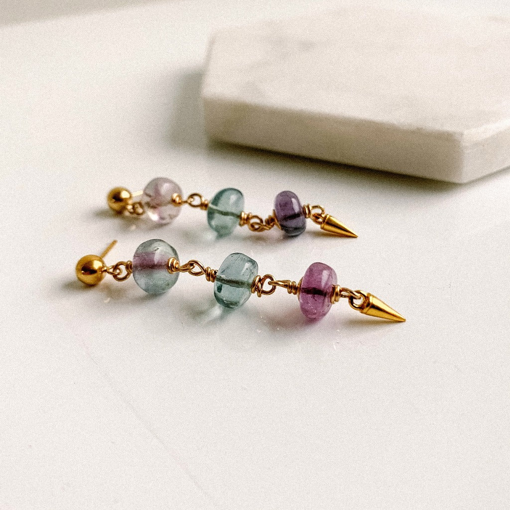 Gold Triple Stone Drop Earrings in Ombre Fluorite - Adorned by Ruth