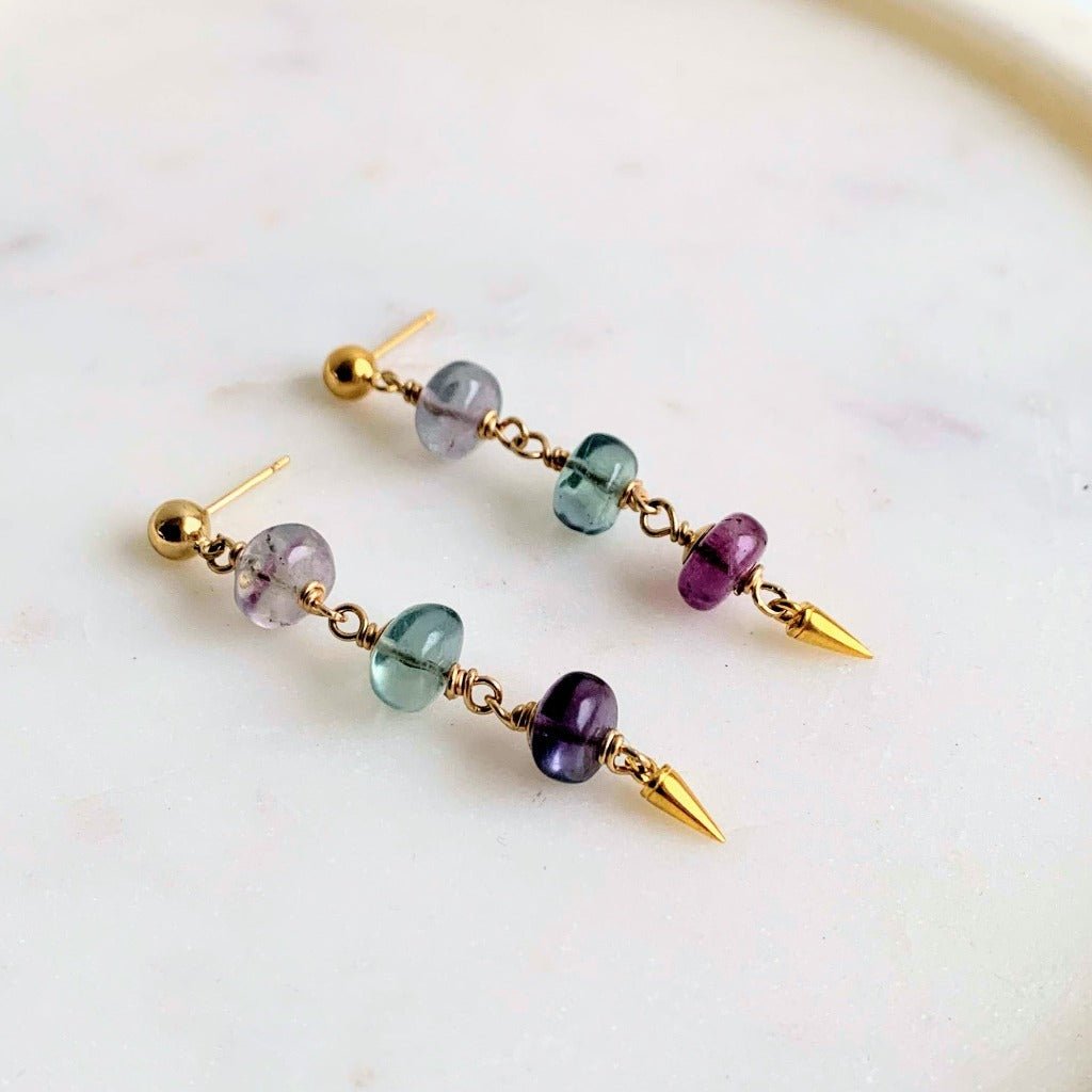 Gold Triple Stone Drop Earrings in Ombre Fluorite - Adorned by Ruth