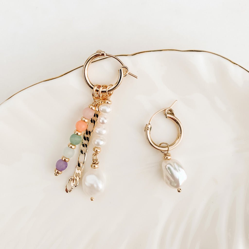 Mismatched Stone & Pearl Hoop Earrings - Adorned by Ruth