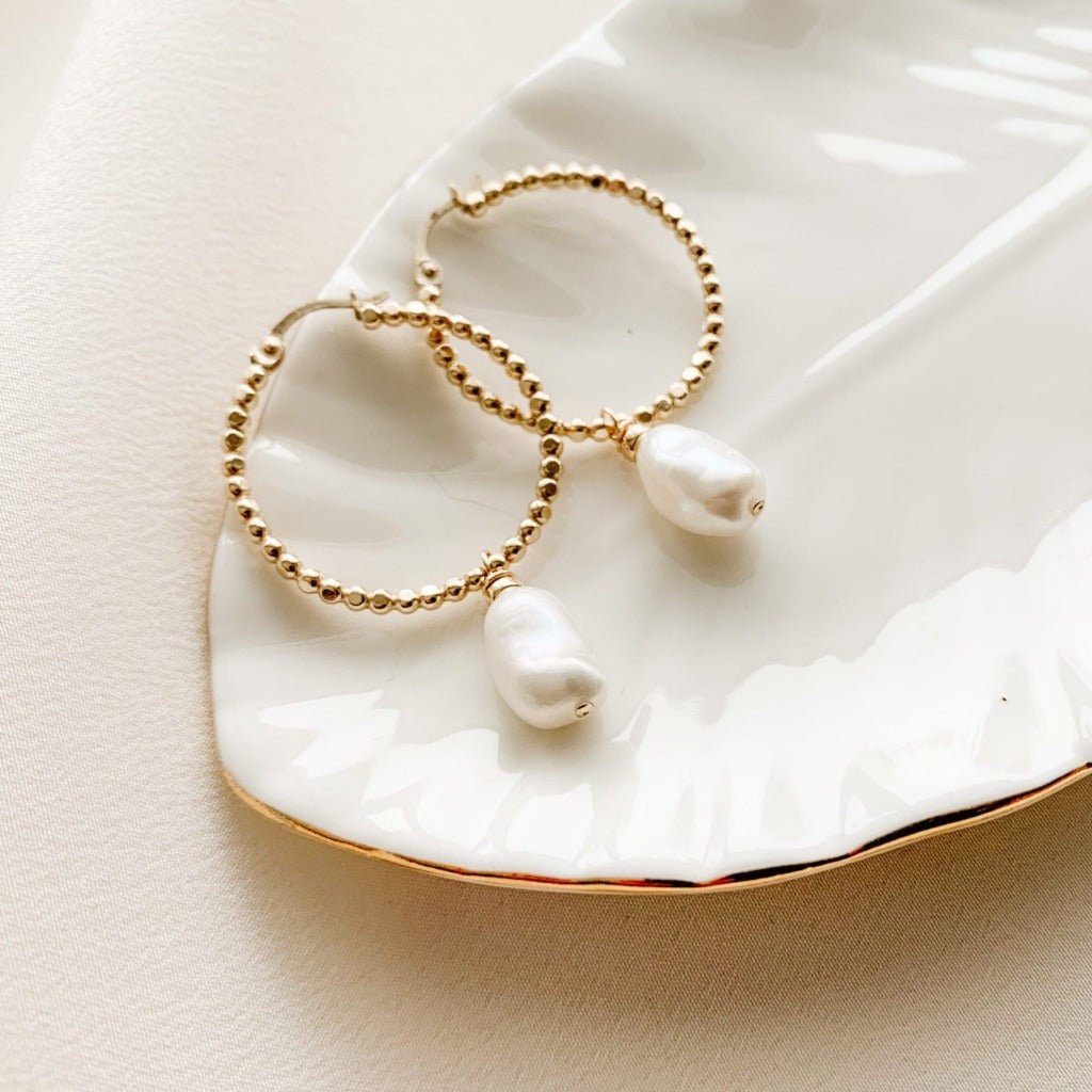 Olivia Gold Beaded Hoop Pearl Earrings - Adorned by Ruth