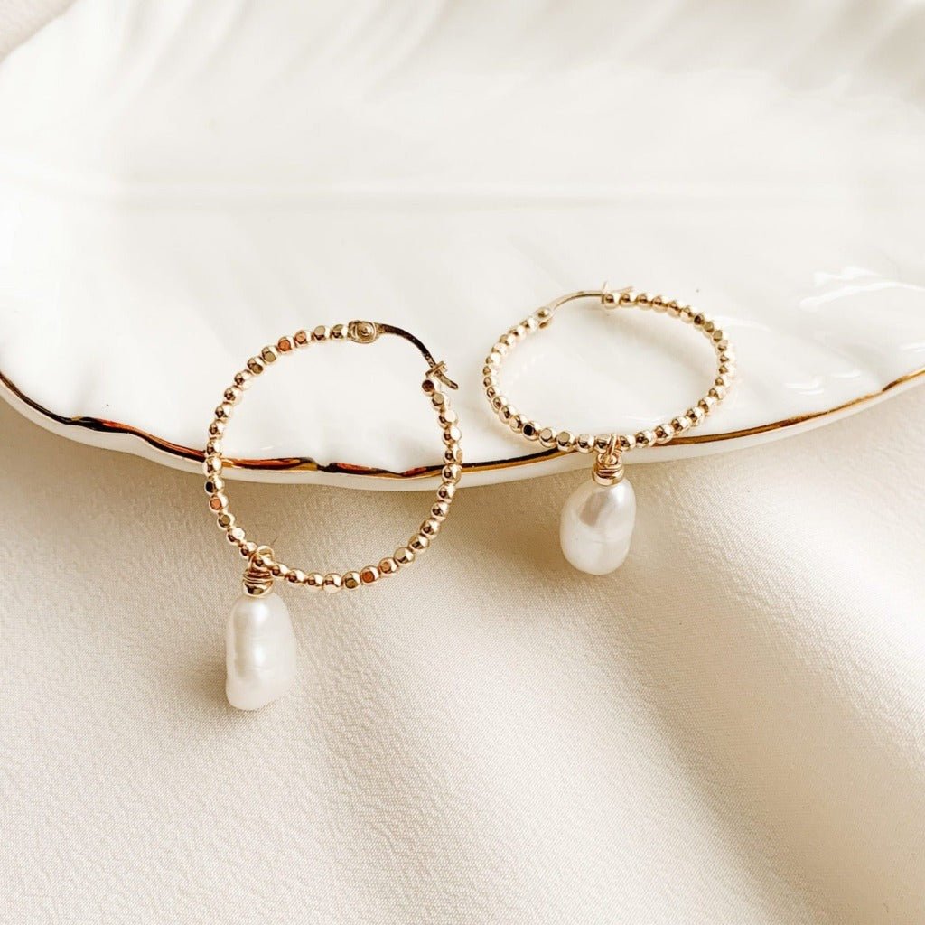 Olivia Gold Beaded Hoop Pearl Earrings - Adorned by Ruth