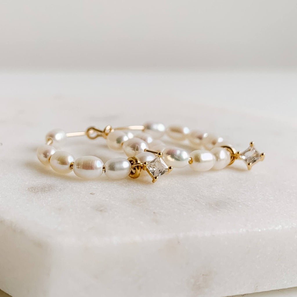 Pearl Hoop Earrings with Cubic Zirconia Drop - Adorned by Ruth