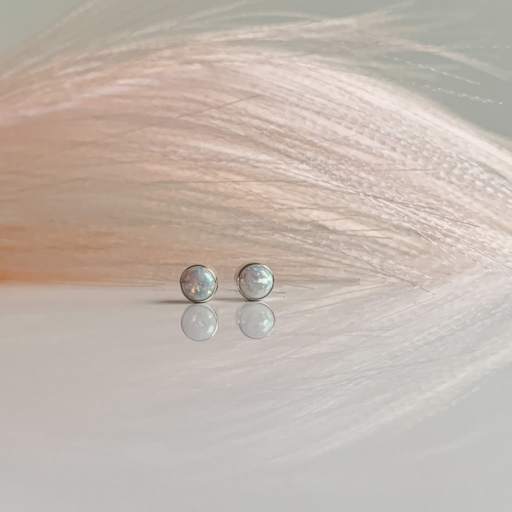 Silver Bezel Set Opal Solitaire Stud Earrings - Adorned by Ruth