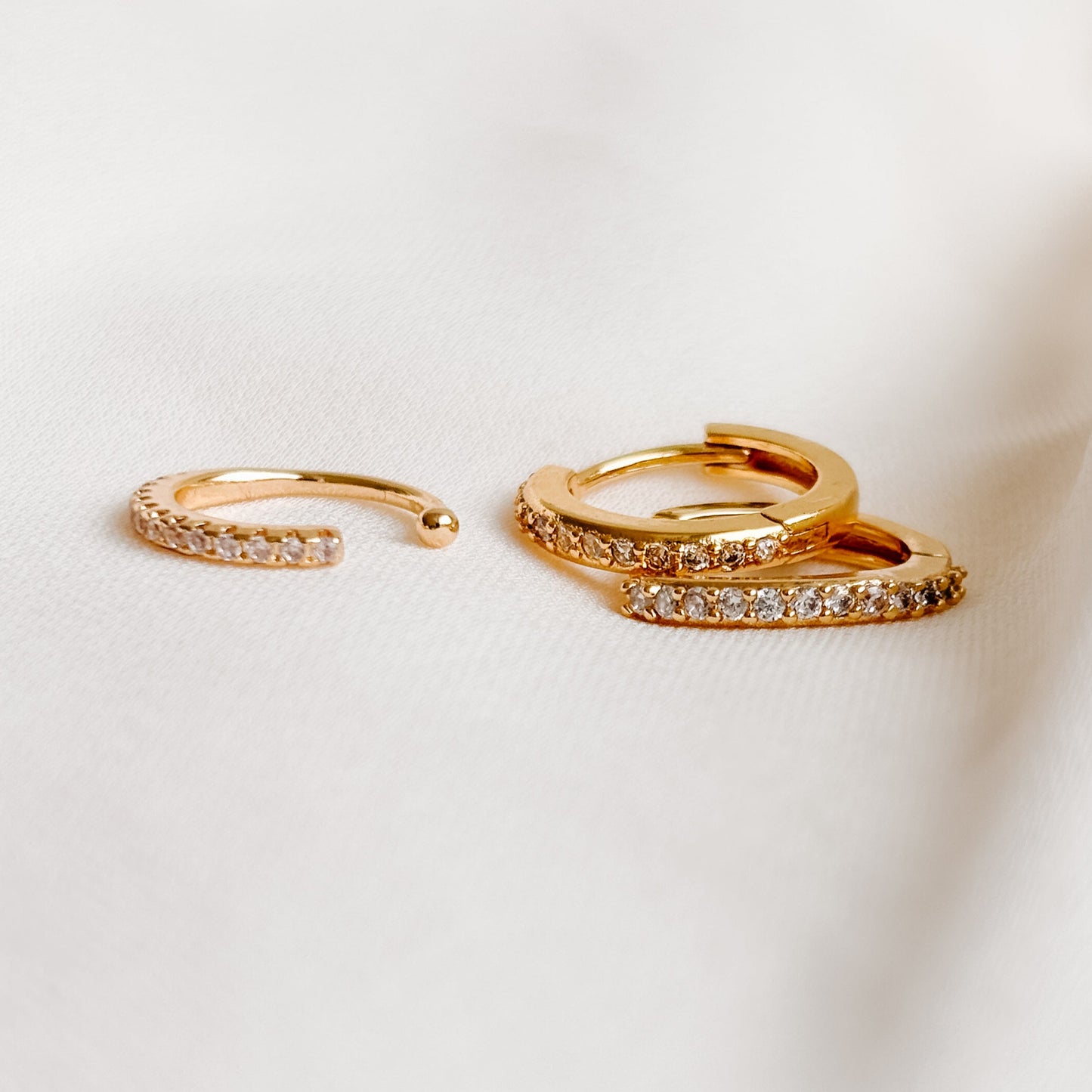 set of pave huggie hoop earrings and ear cuff set in 14k gold filled
