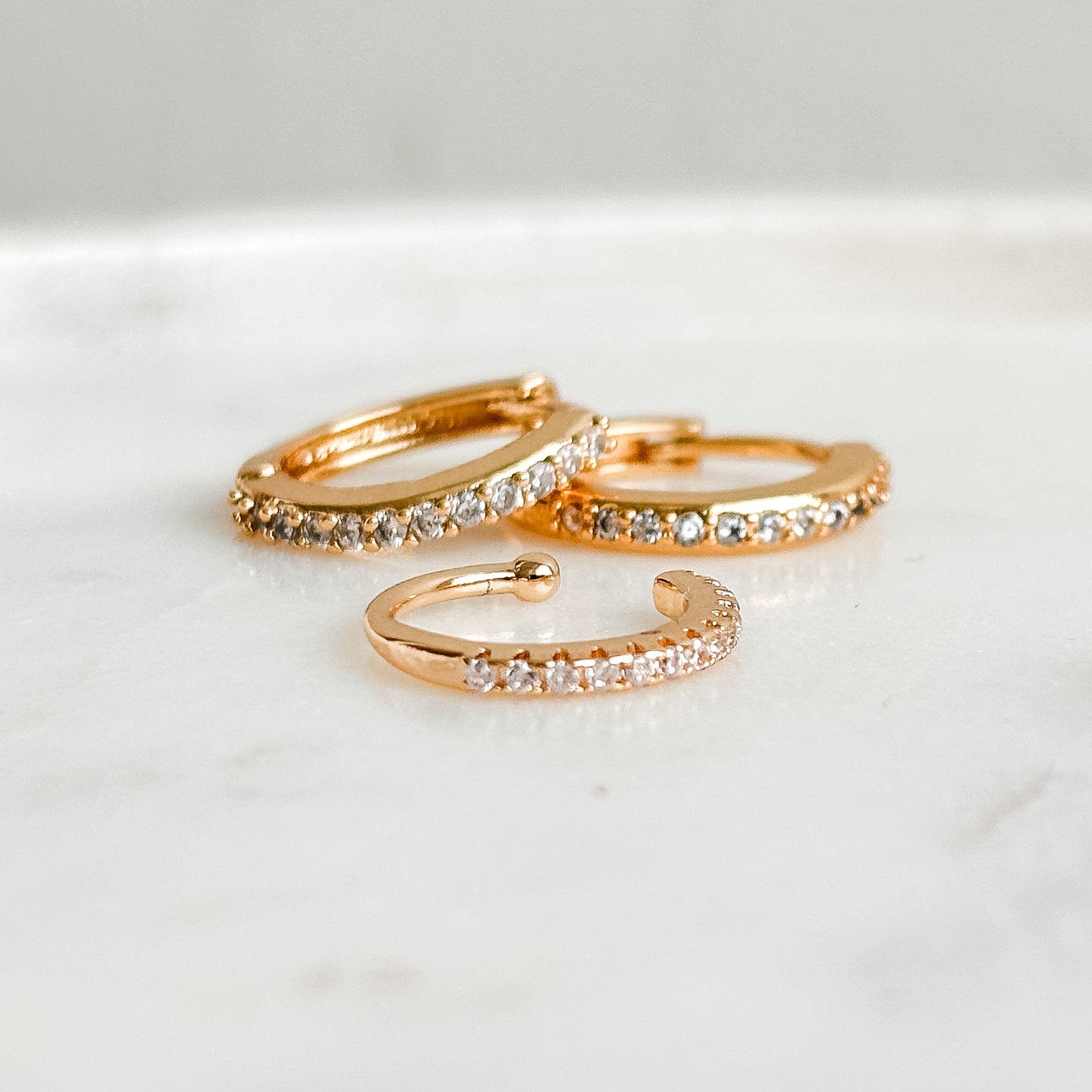micro pave huggie hoop earrings and matching non pierced ear cuff set in 14k gold filled