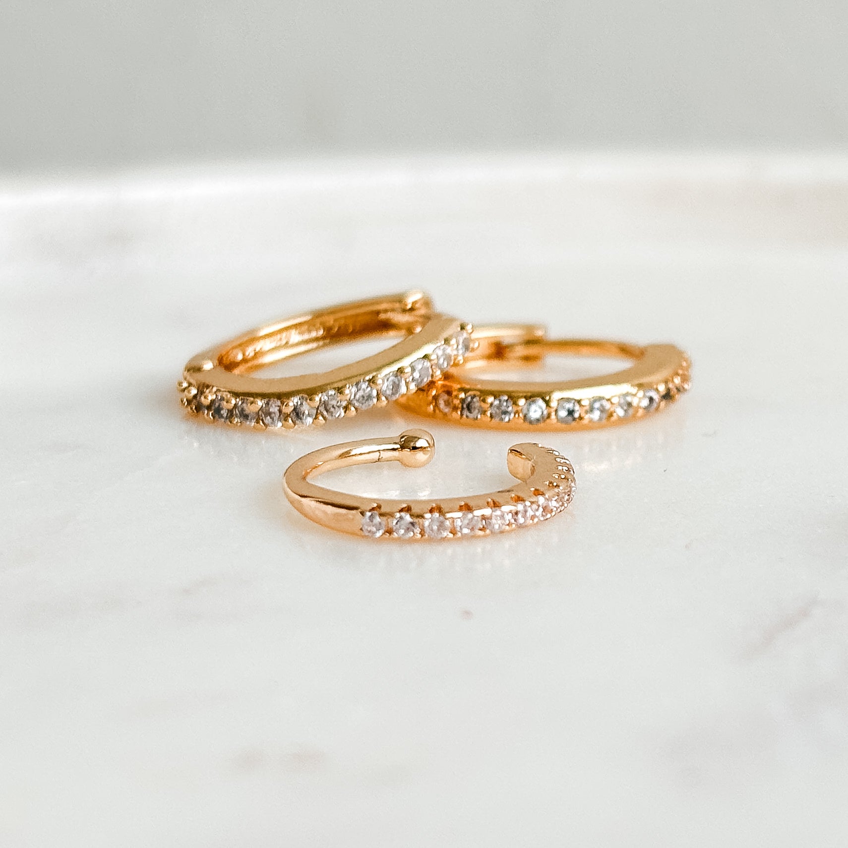 micro pave huggie hoop earrings and matching non pierced ear cuff set in 14k gold filled