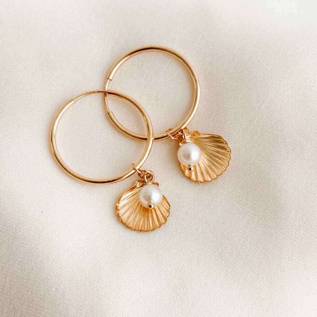 14K Gold Filled Seashell and Pearl Hoop Earrings – Sleeper Hoops – Coastal Jewelry by Adorned By Ruth
