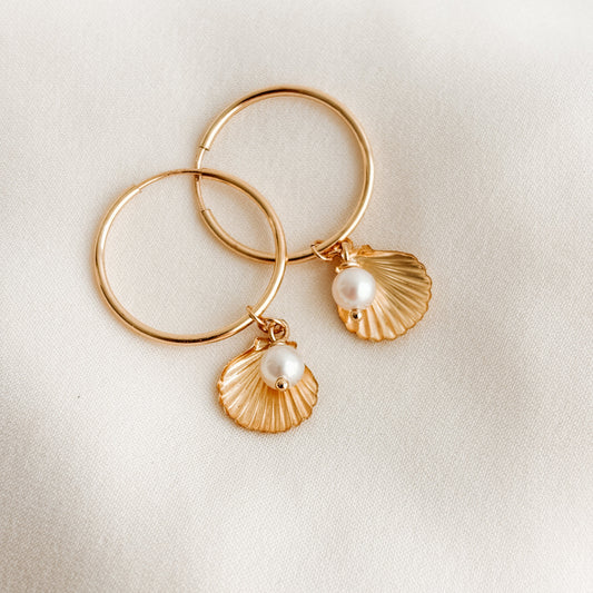 14K Gold Filled Seashell and Pearl Hoop Earrings – Sleeper Hoops – Coastal Jewelry by Adorned By Ruth