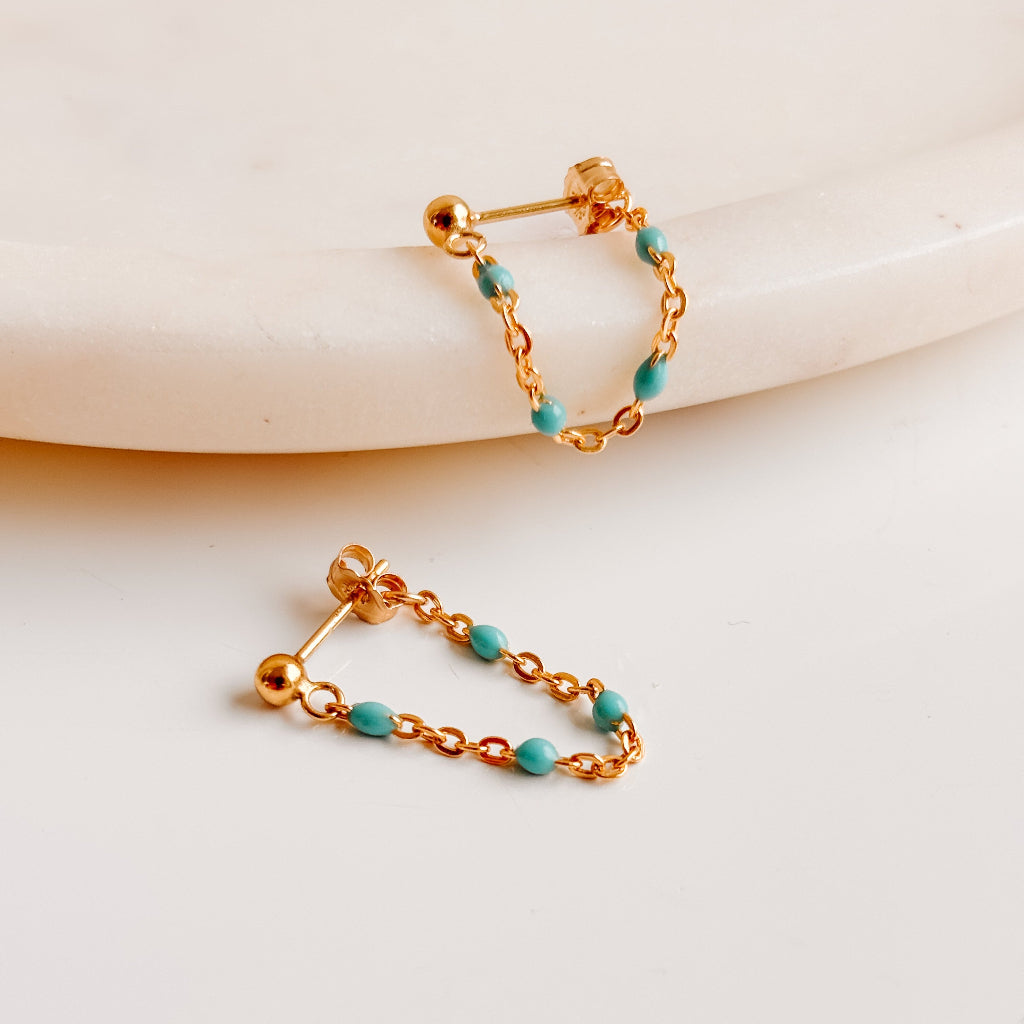 Cassia Turquoise Enamel Chain Hoop Earrings – 14K Gold Filled