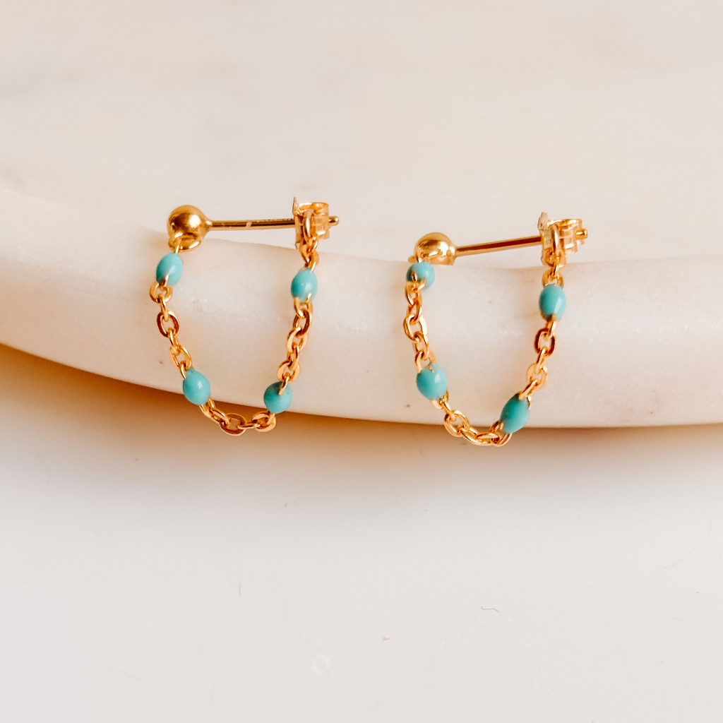 Cassia Turquoise Enamel Chain Hoop Earrings – 14K Gold Filled